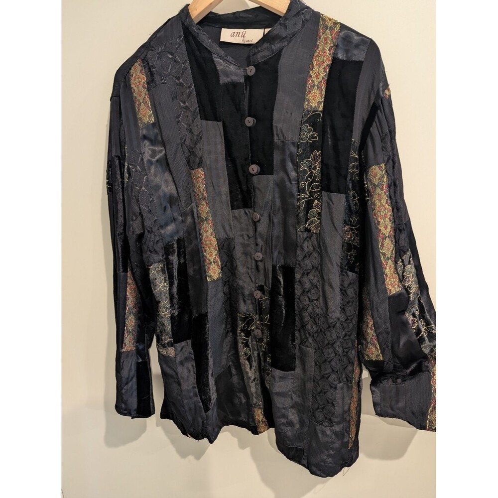 Anu by Janelle Patchwork Black Satin Button-Up Shirt